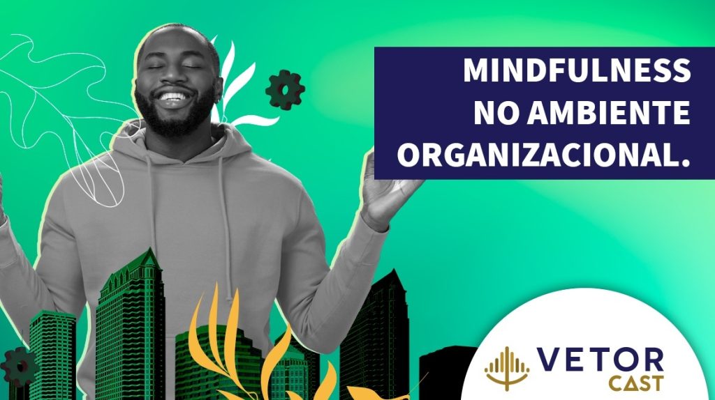 Fotocomposição de imagens vetoriais em primeiro plano representando prédios e folhagens. Ao fundo, um homem sorridente em posição de meditação