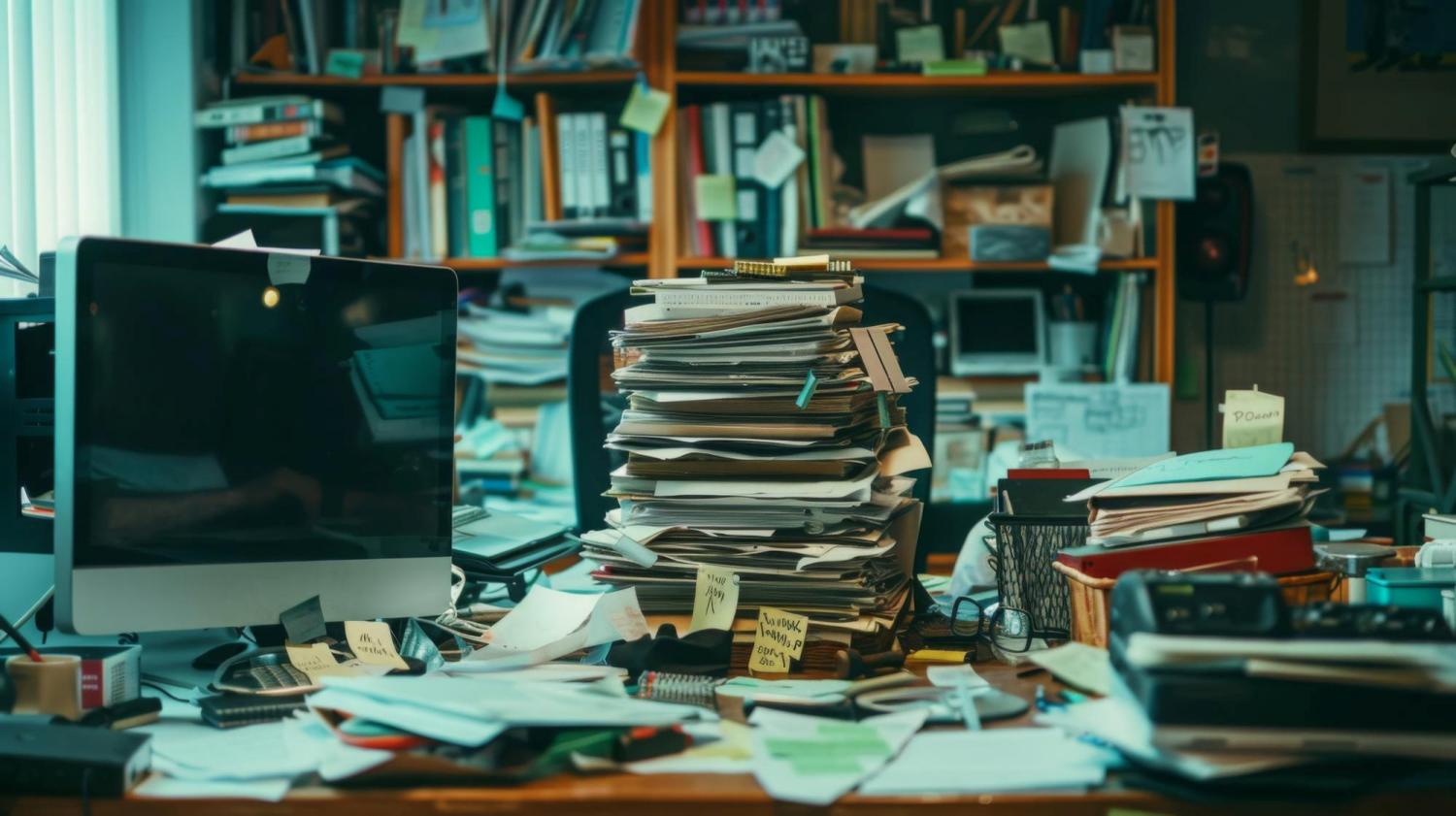 Ambiente de trabalho desorganizado representando gestão reativa e falta de estrutura